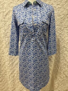 Vineyard Vines Blue and White Chevron Midi Shirt Dress Size XXS Spring Dress